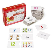 Number matching cards set with numeral cards 3,7,12,18 and animal picture tiles