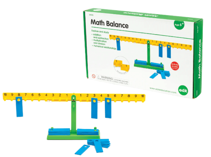 Math balance set packaging showing blue number beam and green base with weights