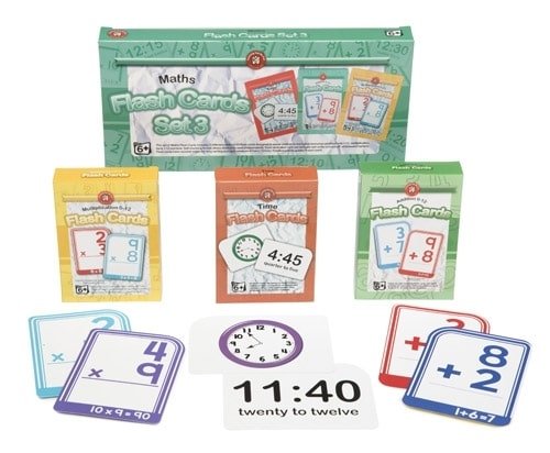Maths flash cards set with time, addition, and multiplication cards