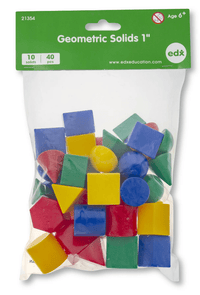 Packaged geometric solids set with colorful cubes, cones, cylinders, and spheres