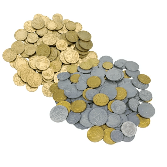 Set of 114 learning coins, round gold and silver pieces with embossed designs