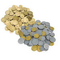 Set of 114 learning coins, round gold and silver pieces with embossed designs