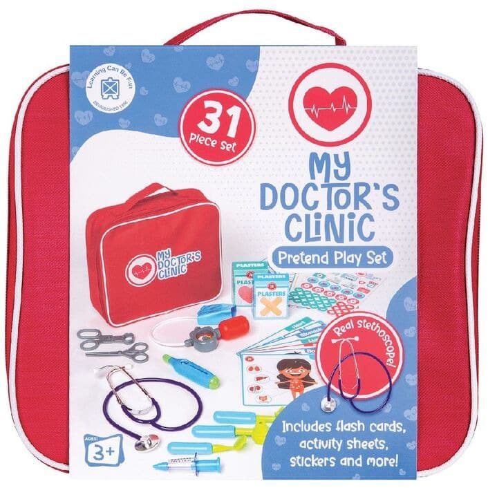 Children’s doctor play set case with “My Doctor’s Clinic” design and medical supplies