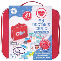 Children’s doctor play set case with “My Doctor’s Clinic” design and medical supplies