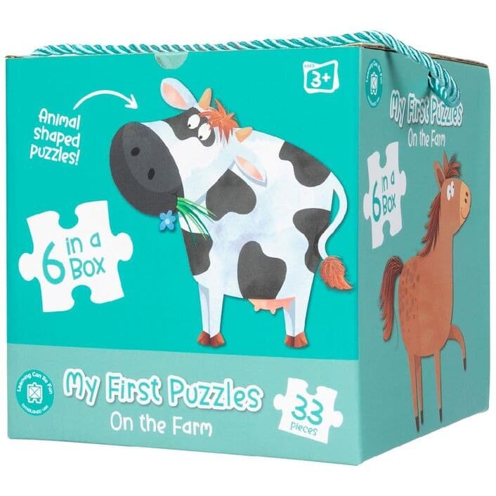 Farm animal puzzle box with cow, horse, chicken graphics; 33 pieces, ages 3+