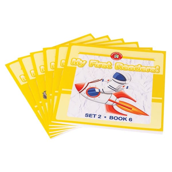 My First Readers! book set cards fanned, yellow rocket cover with 'Set 2 - Book 6'.