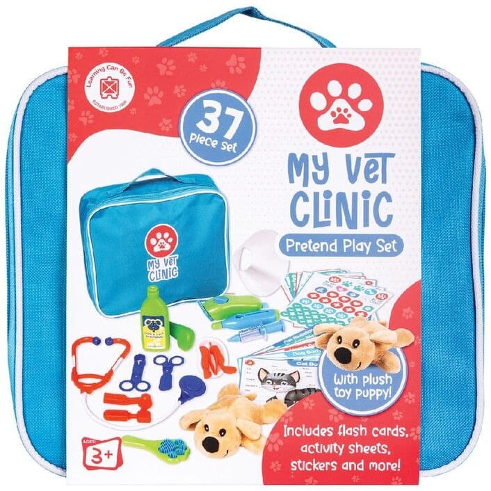Children’s My Vet Clinic pretend play set case with 37-piece graphic on front.