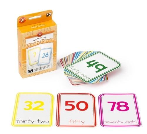 Number 0–100 flash cards set with colorful cards showing 32, 50, and 78