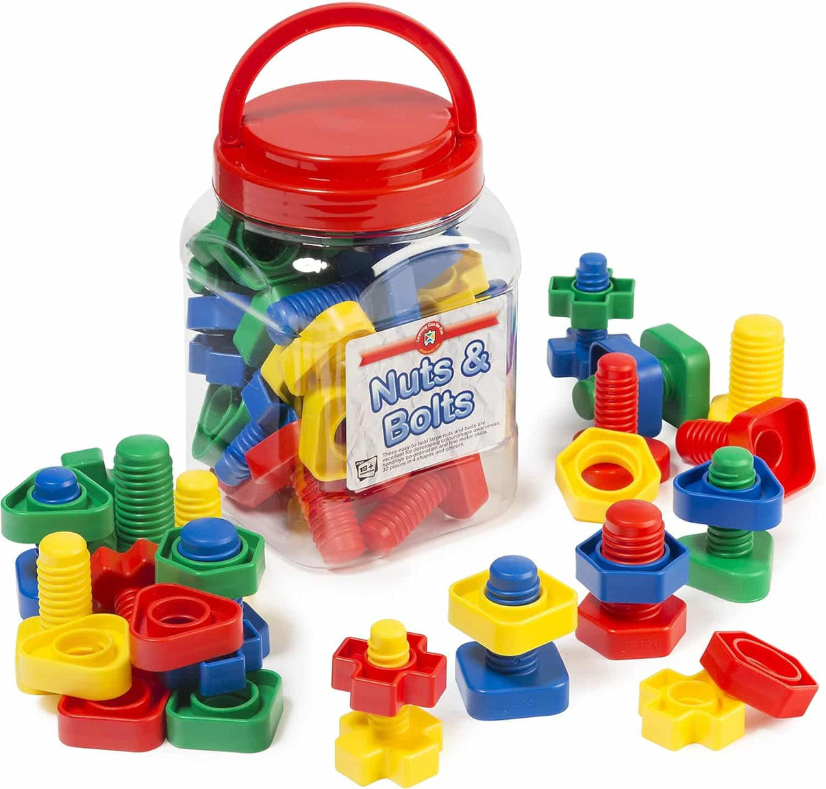 Plastic nuts and bolts building set in clear jar with red lid and assorted pieces