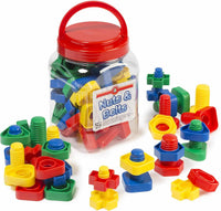 Plastic nuts and bolts building set in clear jar with red lid and assorted pieces