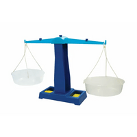 Pan balance scale with blue base and two hanging white pans