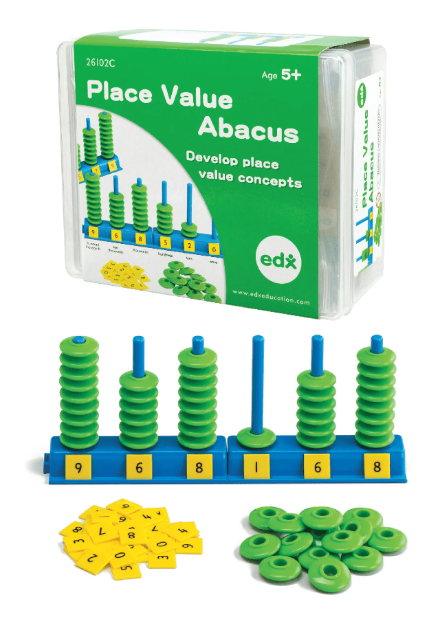 Place value abacus set with green rods on blue board and yellow/green number discs
