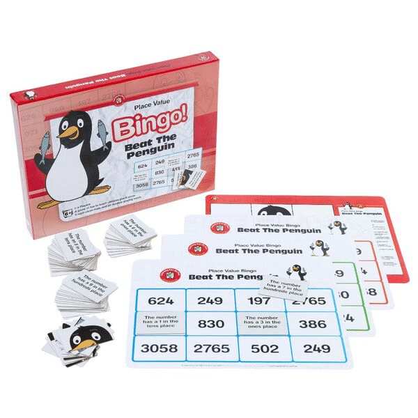 Place value bingo board game set with penguin themed cards and number tiles