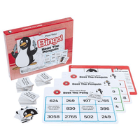 Place value bingo board game set with penguin themed cards and number tiles