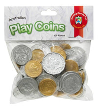 Play coins pack with 106 mixed metal-colored plastic coins in clear bag