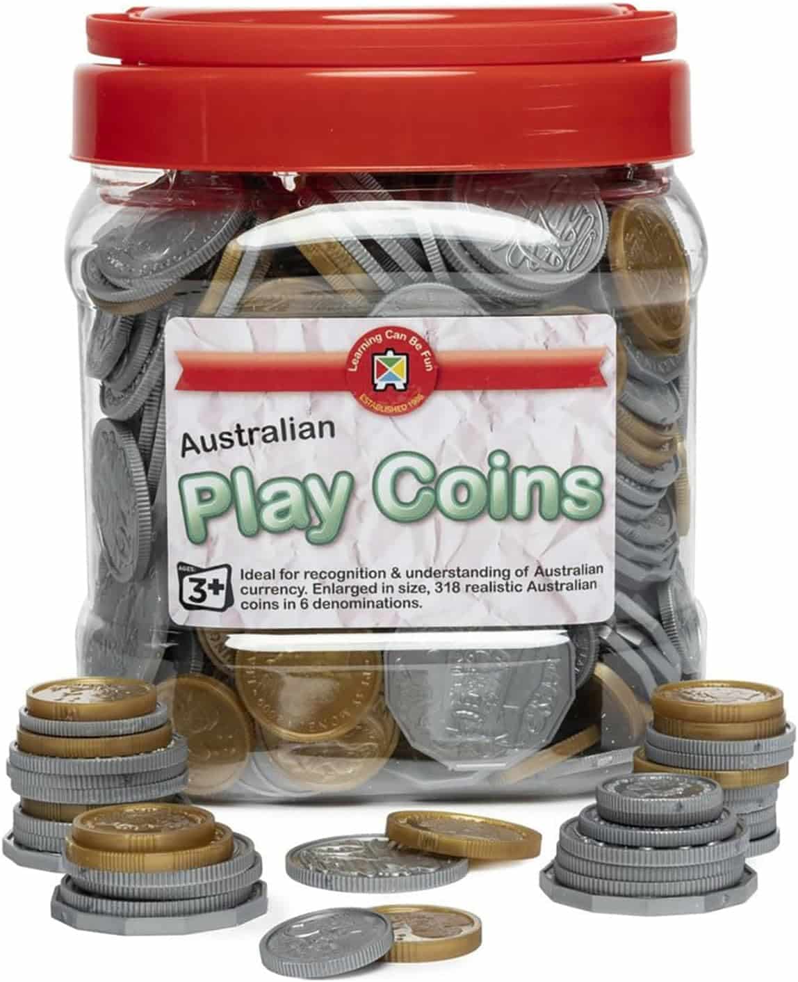 Clear coin jar with red lid and Australian Play Coins label, filled with play money.