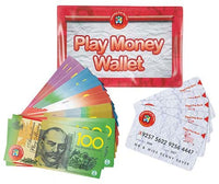 Play money wallet with assorted fake cash cards and credit card style money