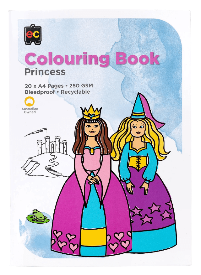 Princess colouring book cover with two cartoon princesses and crown, plus stars and hearts