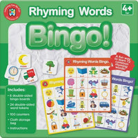 Rhyming words bingo game set with token counters, double-sided boards, age 4+