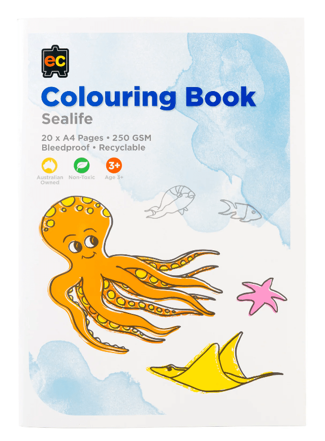 Sea life colouring book cover with octopus, dolphins and starfish illustrations