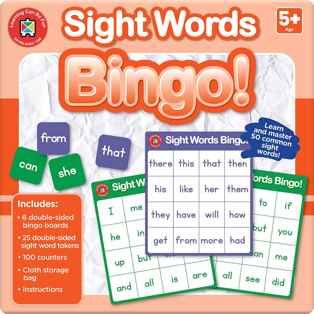 Sight words bingo board game with word grid and picture tiles