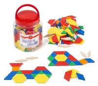 Plastic pattern block jar with red lid and multicolored geometric pieces arranged