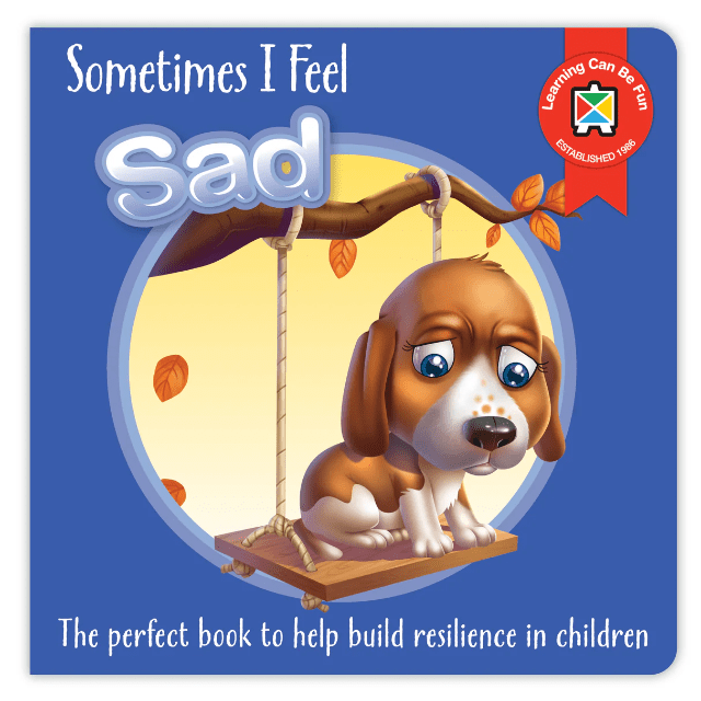 Kids book cover with cartoon puppy on swing, 'Sometimes I Feel Sad' text