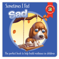 Kids book cover with cartoon puppy on swing, 'Sometimes I Feel Sad' text