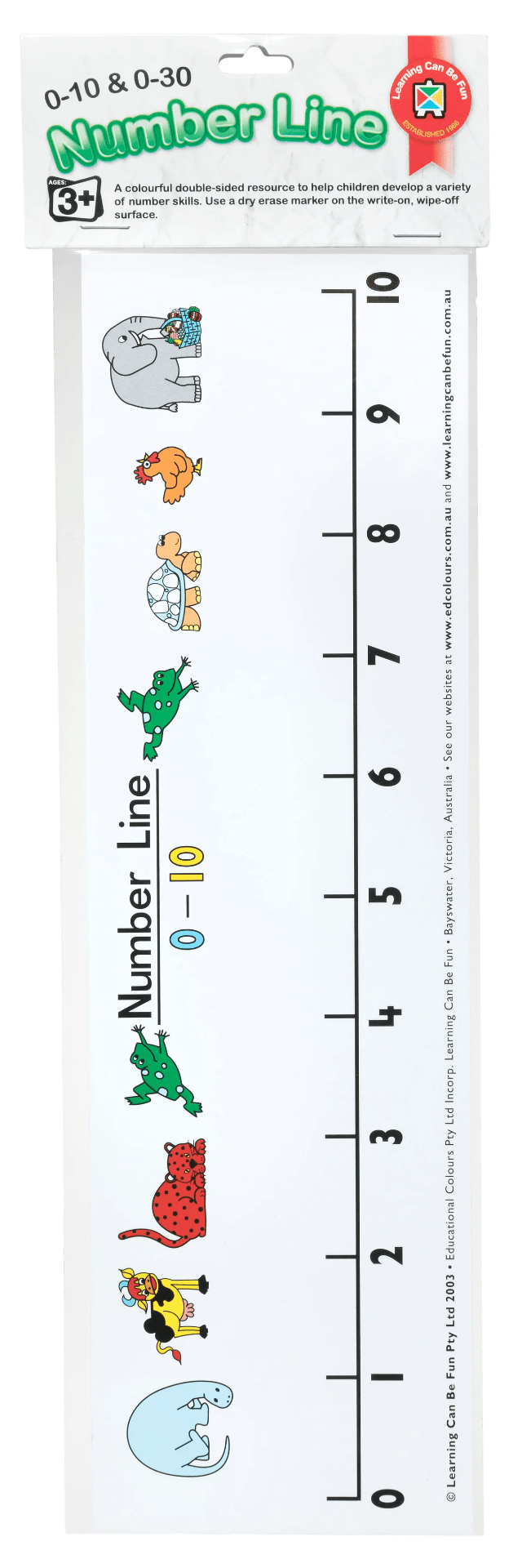 Children's number line chart 0–30 with animal illustrations and hanging header