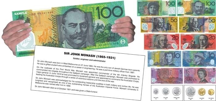 Australian money learning set with $100 and $50 notes and info sheet