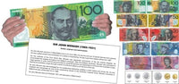 Australian money learning set with $100 and $50 notes and info sheet