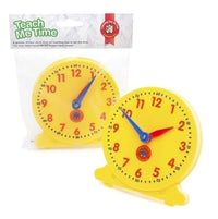 Learning clock set with two yellow round timepiece toys, blue hands, red minute marks