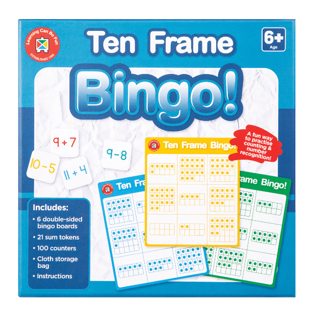Ten-frame bingo game box front with bingo cards, blue border, and storage bag