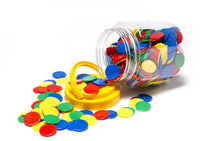 Clear jar of multicolor plastic counting counters with lid and assorted discs