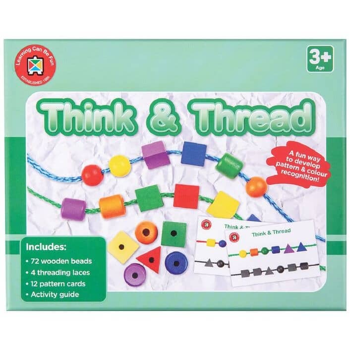 Bead threading learning kit box with colored shapes and age 3+ label