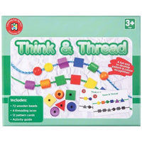 Bead threading learning kit box with colored shapes and age 3+ label
