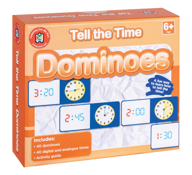 Tell the Time dominoes learning game box, includes age 6+ and time dial cards.