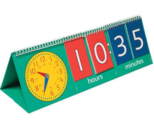 Time flip chart stand with colorful hour and minute cards, showing 1:35