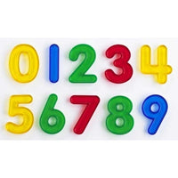 Transparent number tiles set, 0-9 in yellow, blue, green, and red, 10 pieces