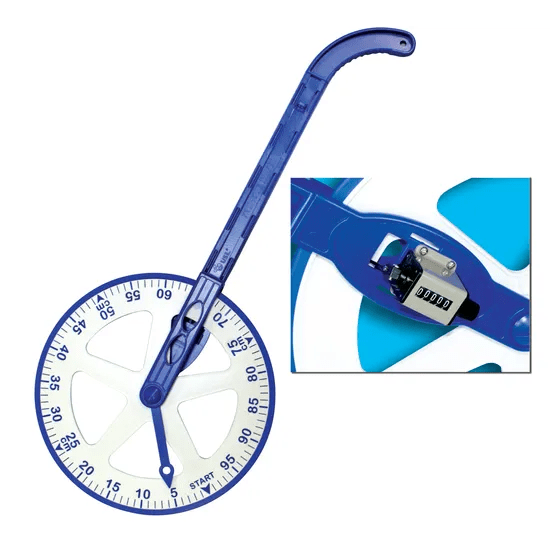 Blue plastic trundle wheel with measuring wheel and handle, plus counter window view