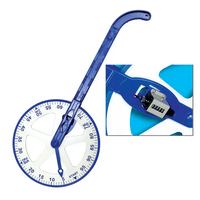 Blue plastic trundle wheel with measuring wheel and handle, plus counter window view