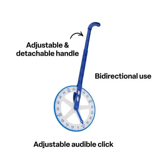 Blue plastic trundle wheel with handle and rotating measuring dial