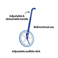 Blue plastic trundle wheel with handle and rotating measuring dial