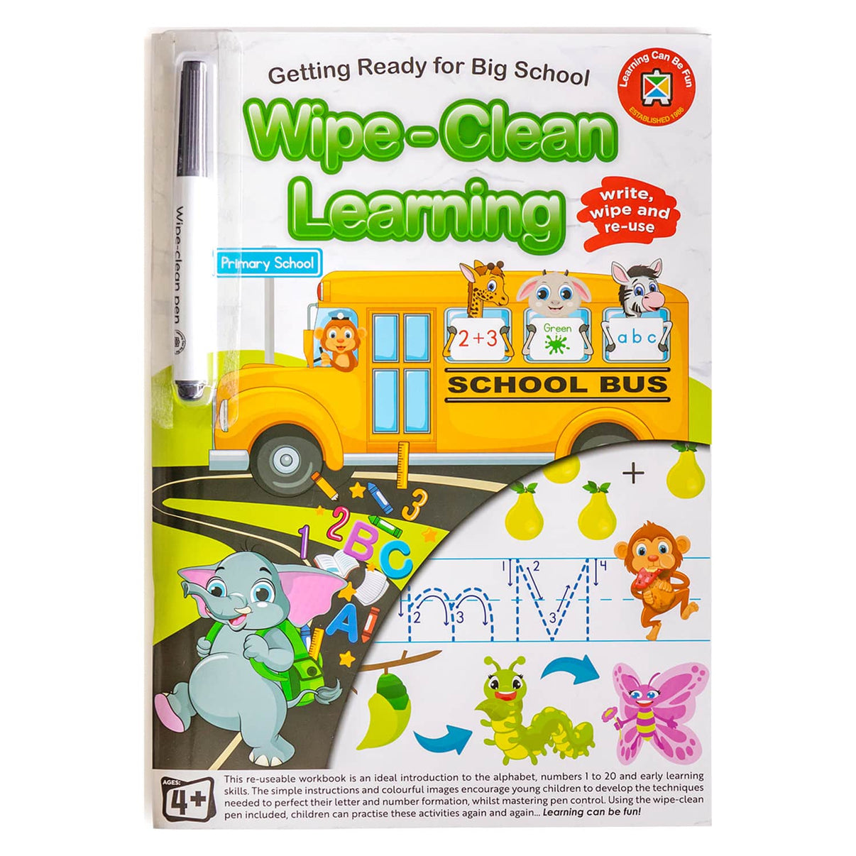 Wipe-clean learning workbook cover with school bus, animals, and erasable marker