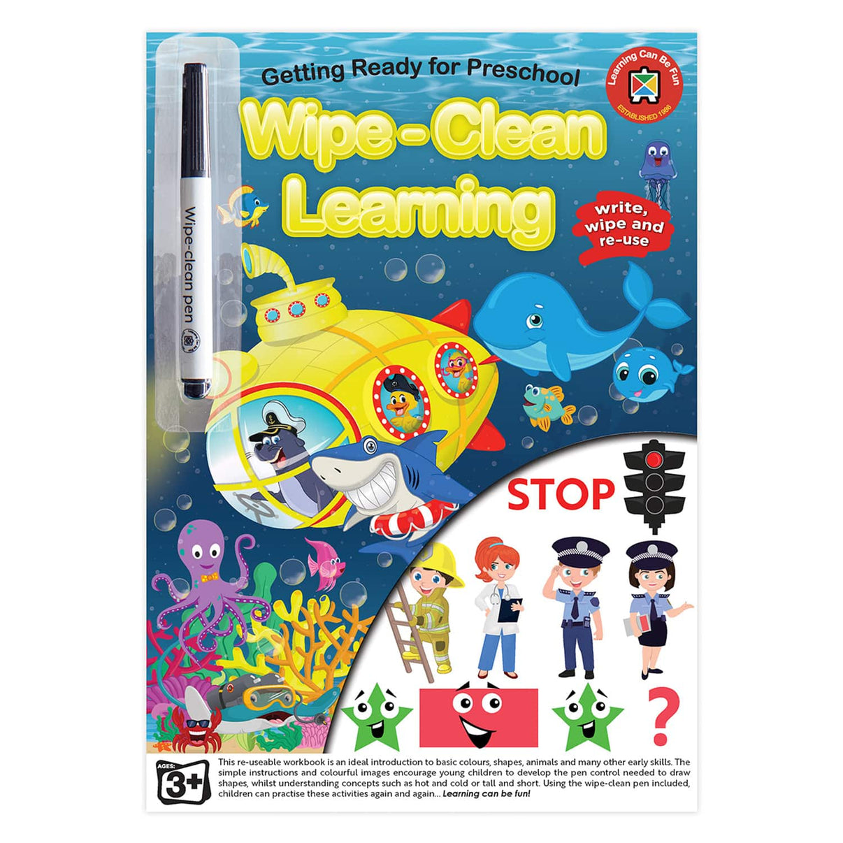 Wipe-clean preschool learning activity book with marker, write and wipe.