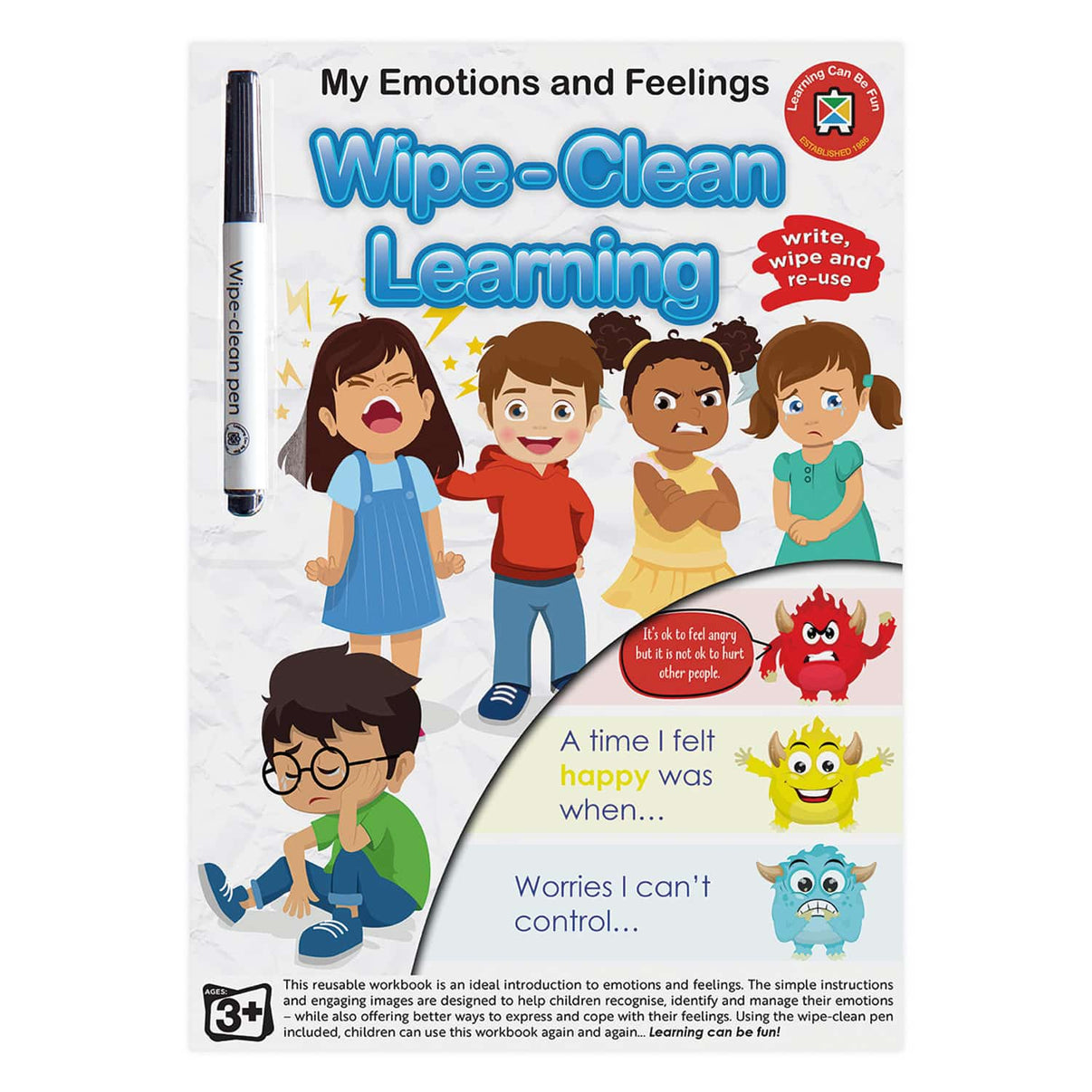 My Emotions and Feelings wipe-clean learning workbook cover with marker