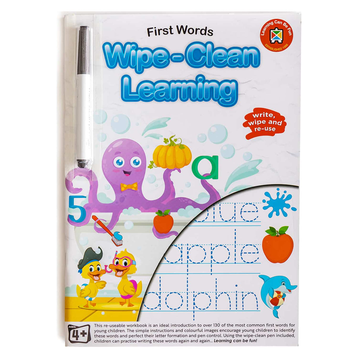 Wipe-clean learning workbook with pen, First Words pages for tracing and writing