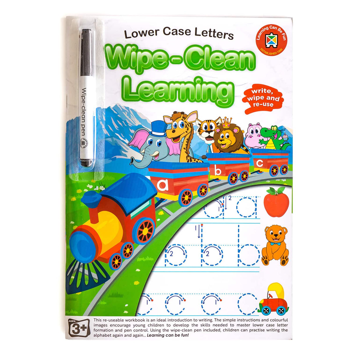 Wipe-clean lower case letters workbook with write-and-erase marker, animal train cover