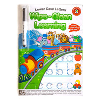 Wipe-clean lower case letters workbook with write-and-erase marker, animal train cover