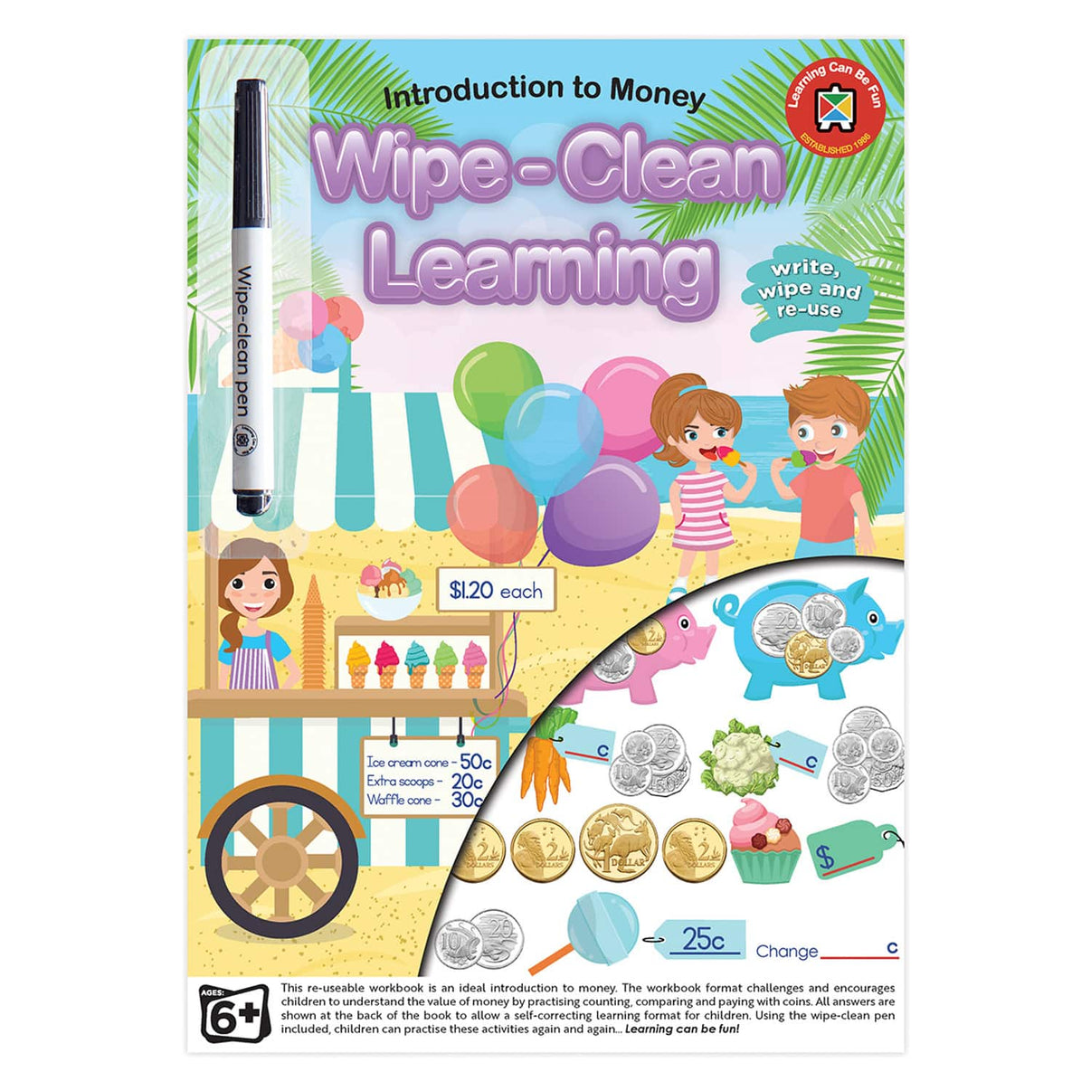 Wipe-clean money learning workbook with wipe-off marker and coin activity pages